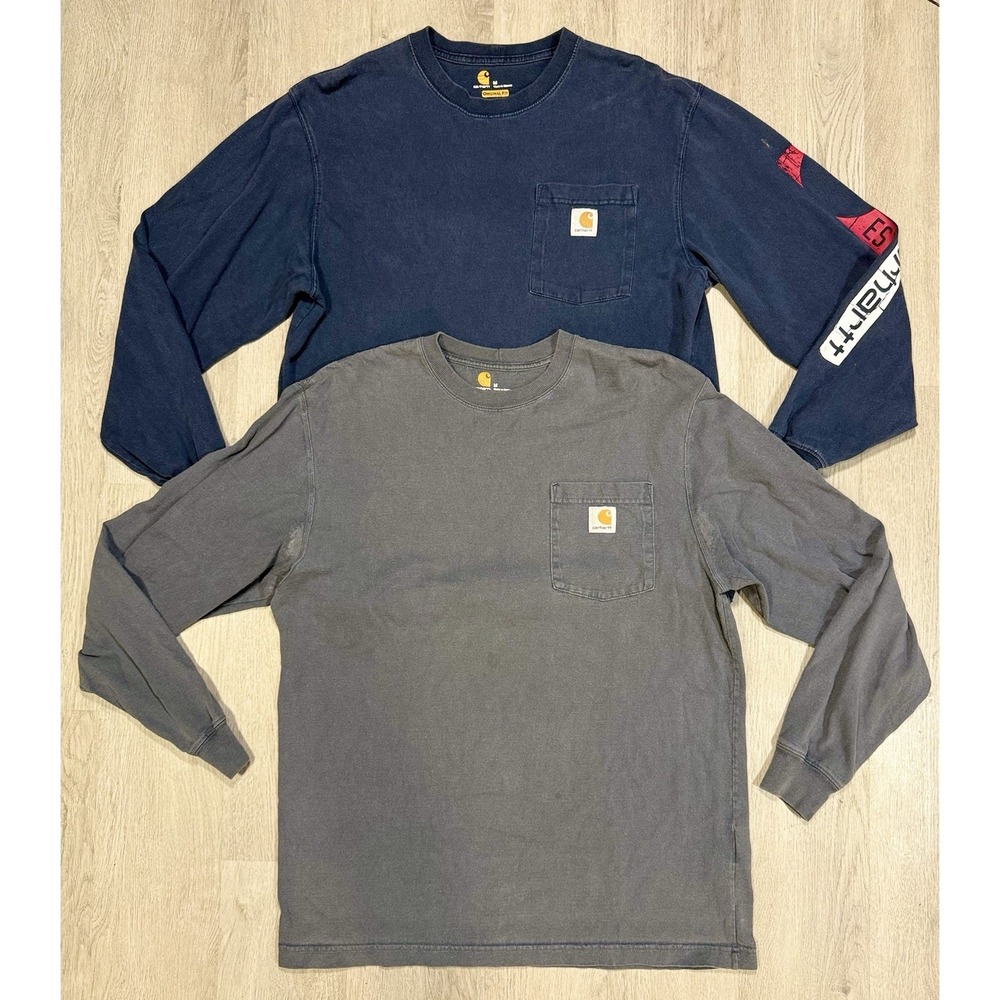 Carhartt T Shirt Mens Medium Gray Blue *LOT OF 2* Pocket Long Sleeve Workwear